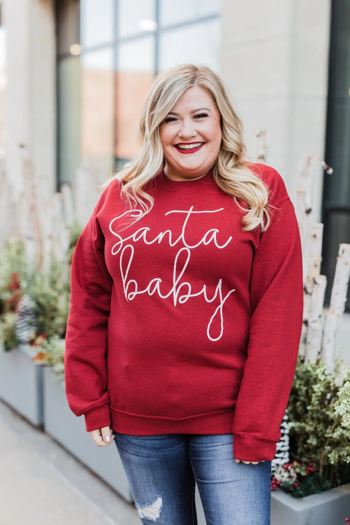 "Santa Baby" Graphic Pullover- Holiday Red