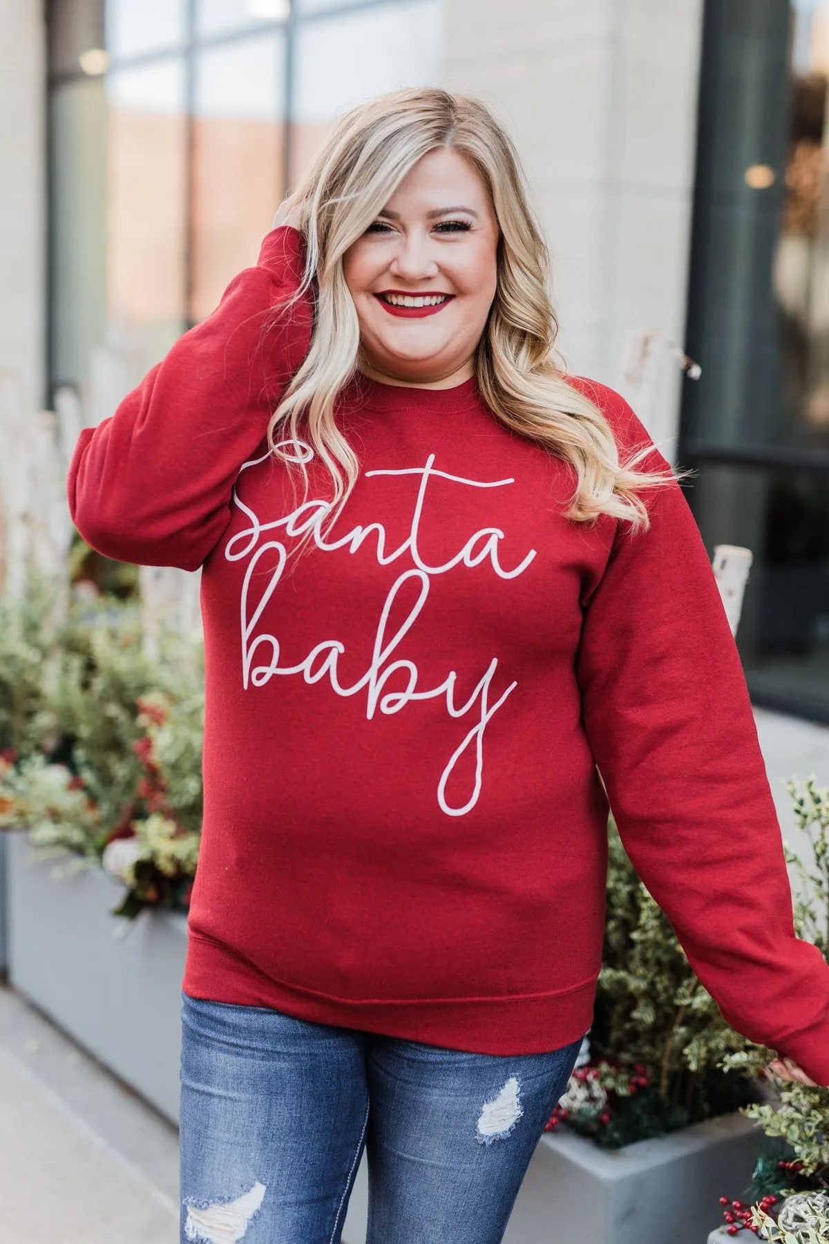 "Santa Baby" Graphic Pullover- Holiday Red