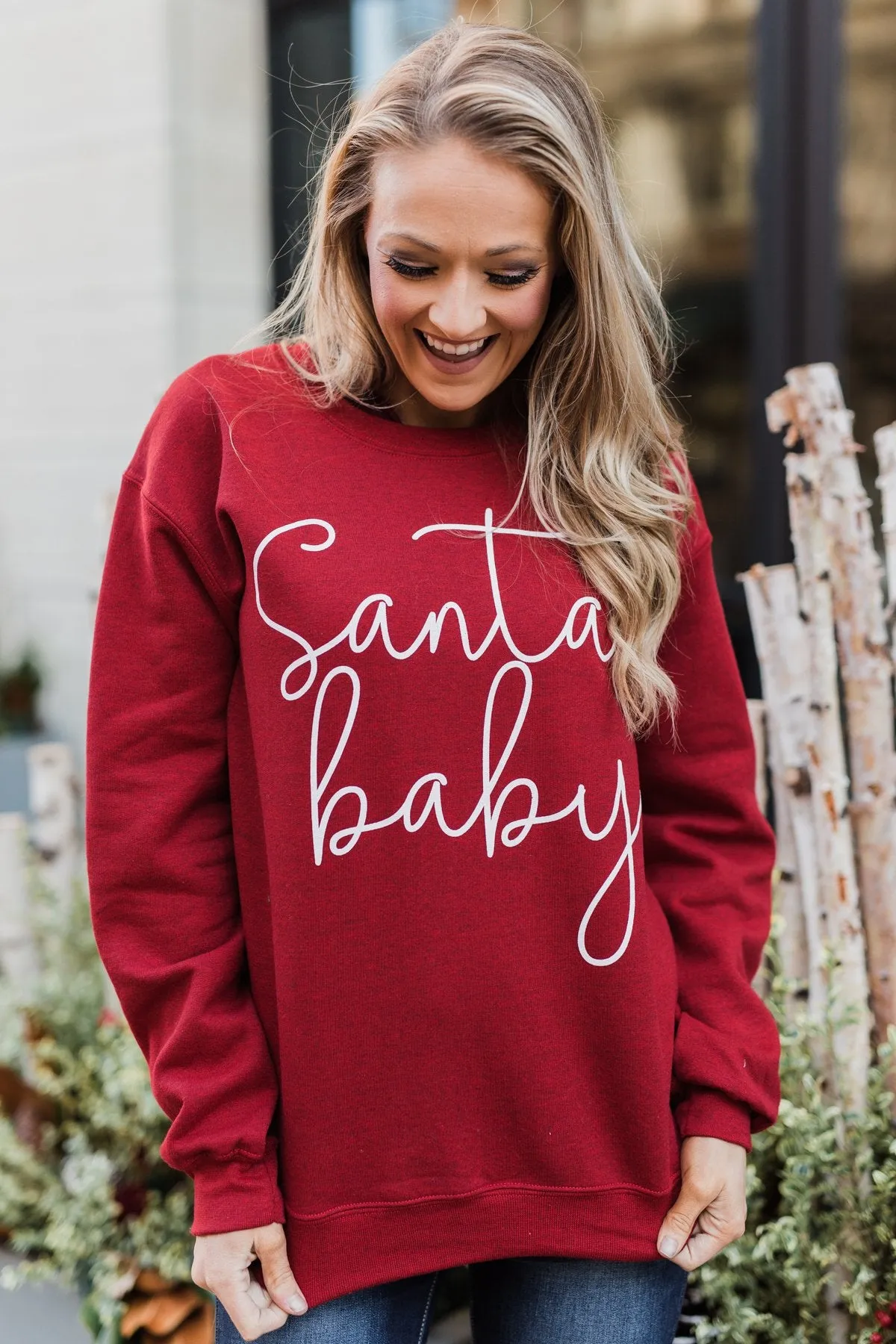 "Santa Baby" Graphic Pullover- Holiday Red