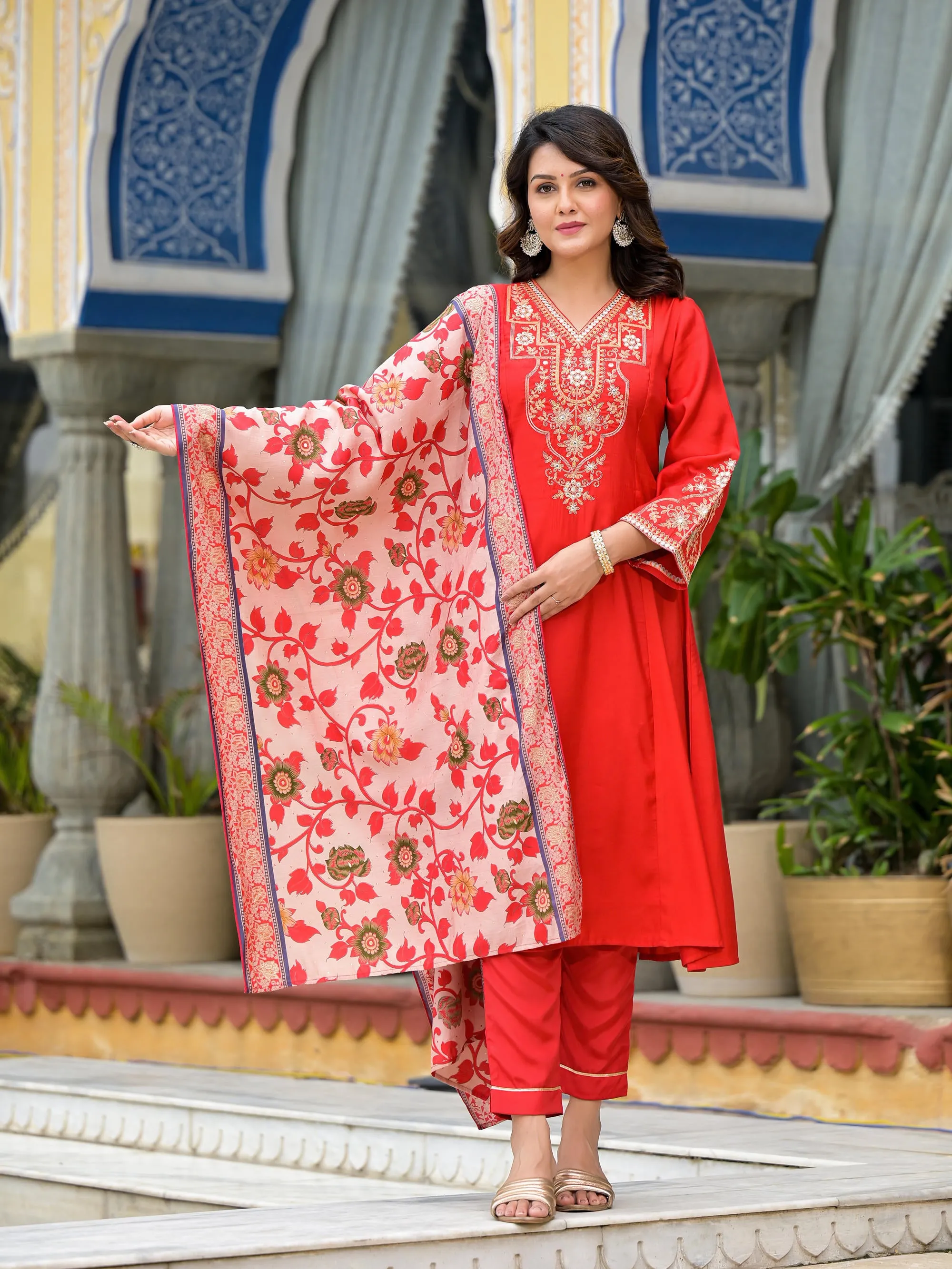 Red Floral Printed Viscose Kurta Pant And Dupatta Set With Gota Patti & Zari Work