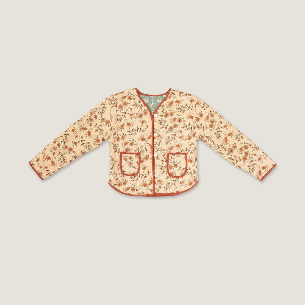 REVERSIBLE JACKET, AUTUMN FLORAL AND FALL BLOCK PRINT