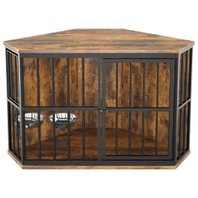 ROOMTEC 42 inch Furniture Dog Crate Corner, Dog Kennel Corner Wooden End Table with Bowl, Indoor Pet Crates Corner Side Table for Dogs, Wide Top Perfect for Limited Room