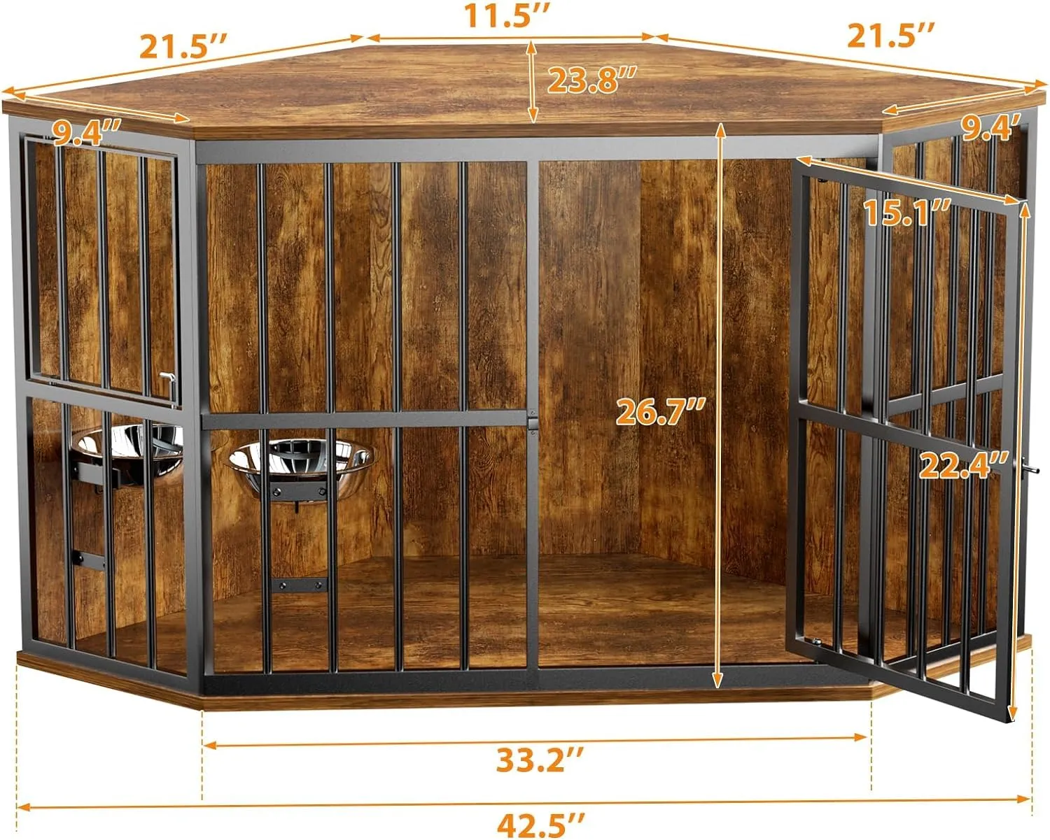 ROOMTEC 42 inch Furniture Dog Crate Corner, Dog Kennel Corner Wooden End Table with Bowl, Indoor Pet Crates Corner Side Table for Dogs, Wide Top Perfect for Limited Room