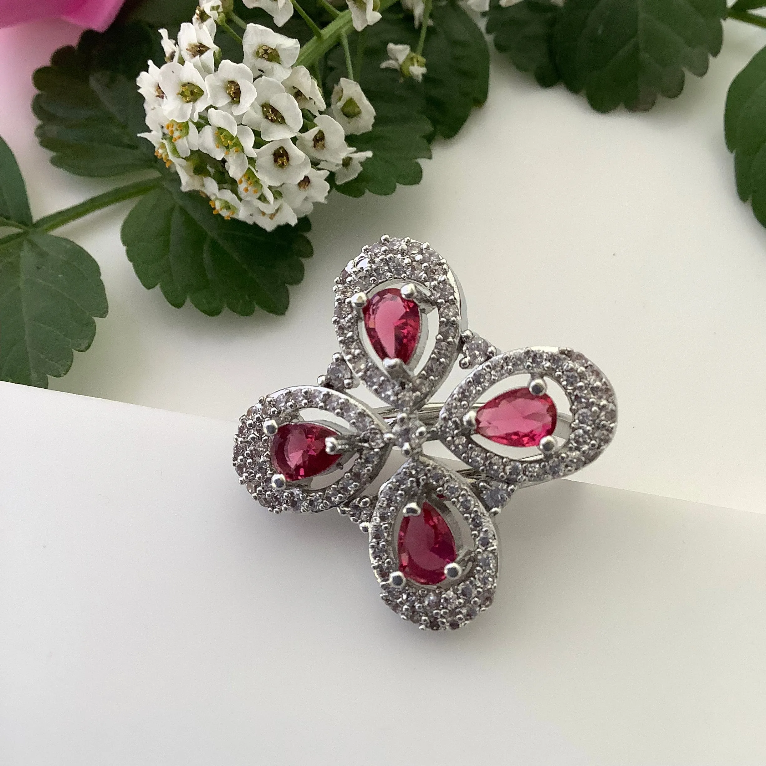 Salvanity Fashion Jewelry - Ruby Everflower Finger Ring - American Diamond, adjustable