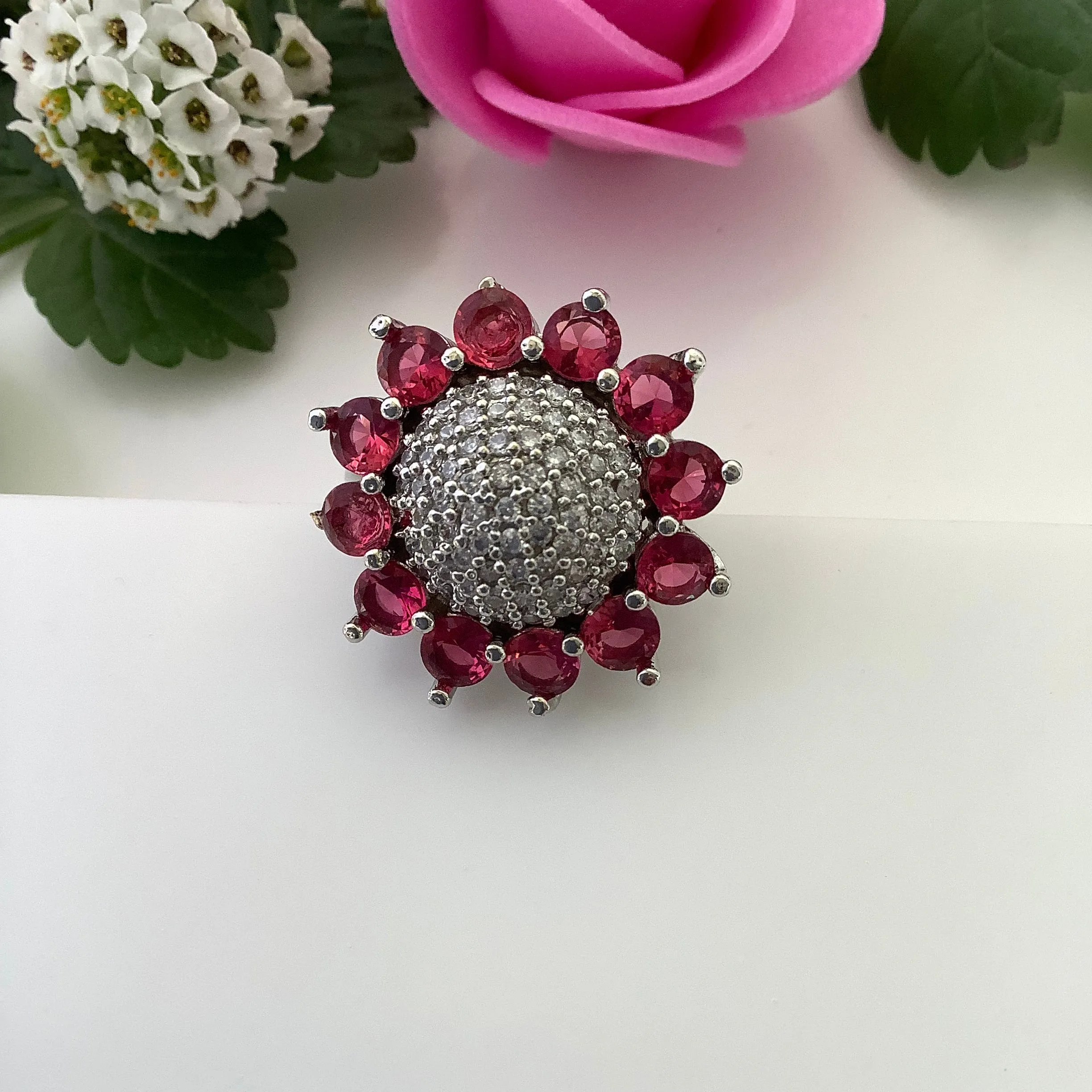 Salvanity Fashion Jewelry - Ruby Sunflower Finger Ring - American Diamonds, adjustable