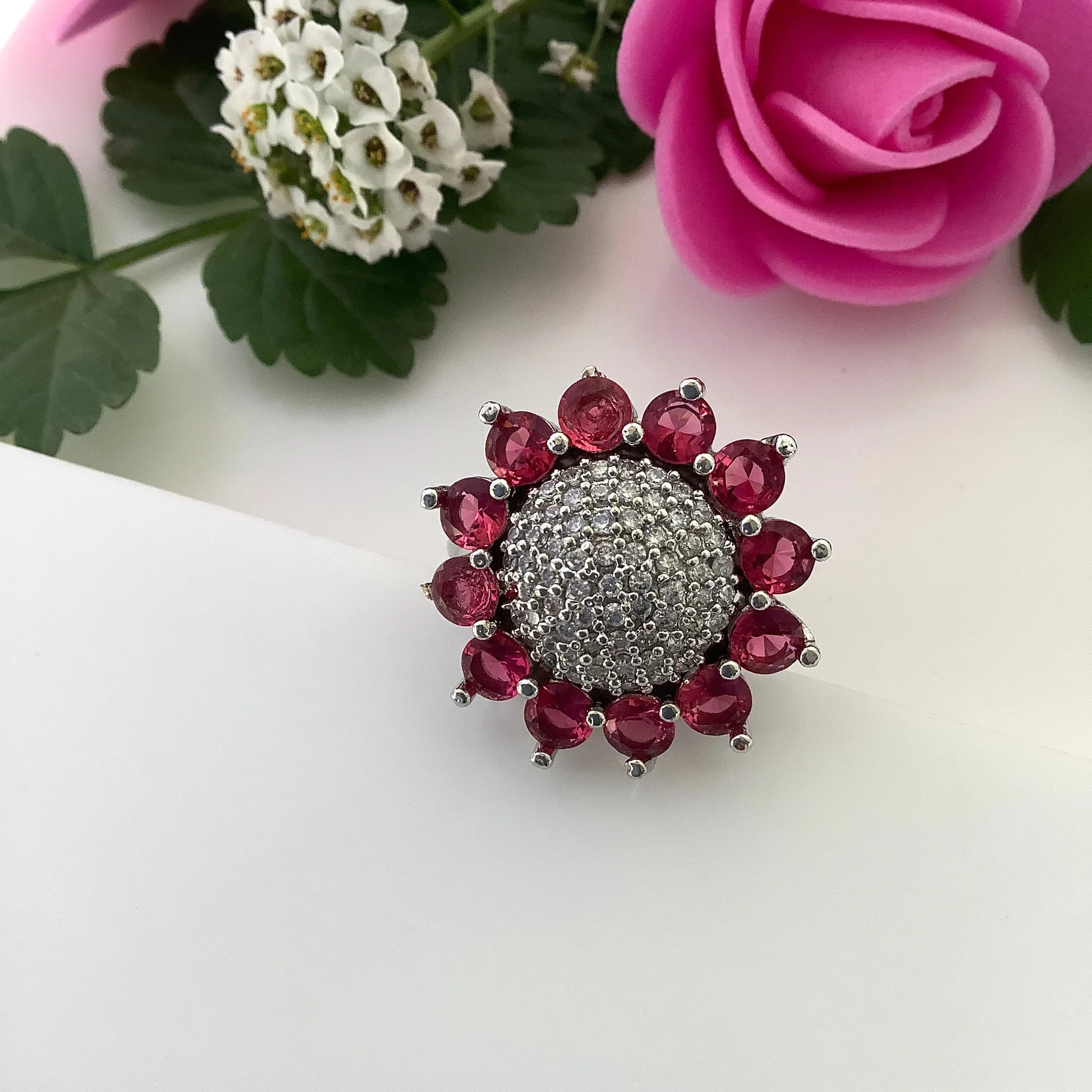 Salvanity Fashion Jewelry - Ruby Sunflower Finger Ring - American Diamonds, adjustable