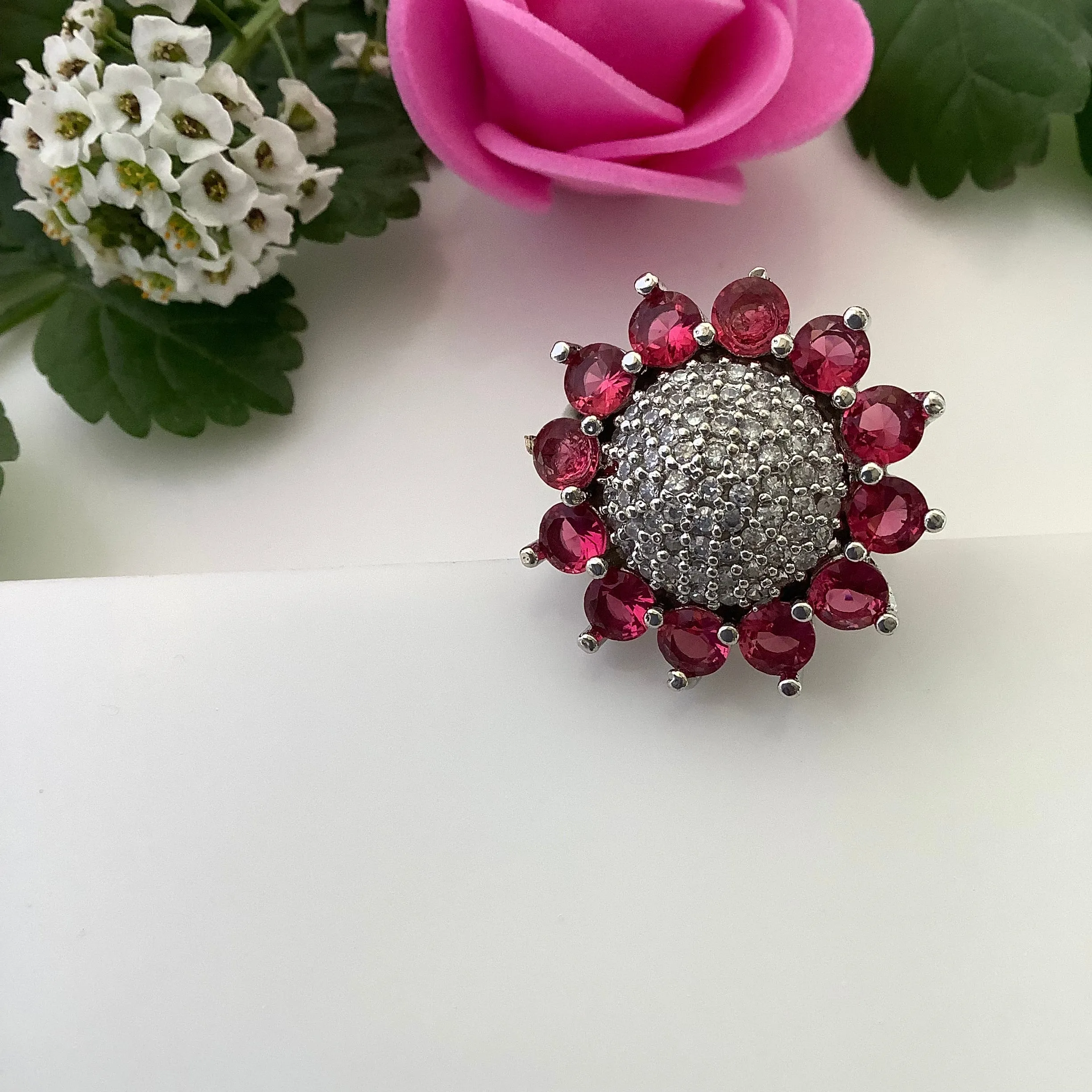 Salvanity Fashion Jewelry - Ruby Sunflower Finger Ring - American Diamonds, adjustable