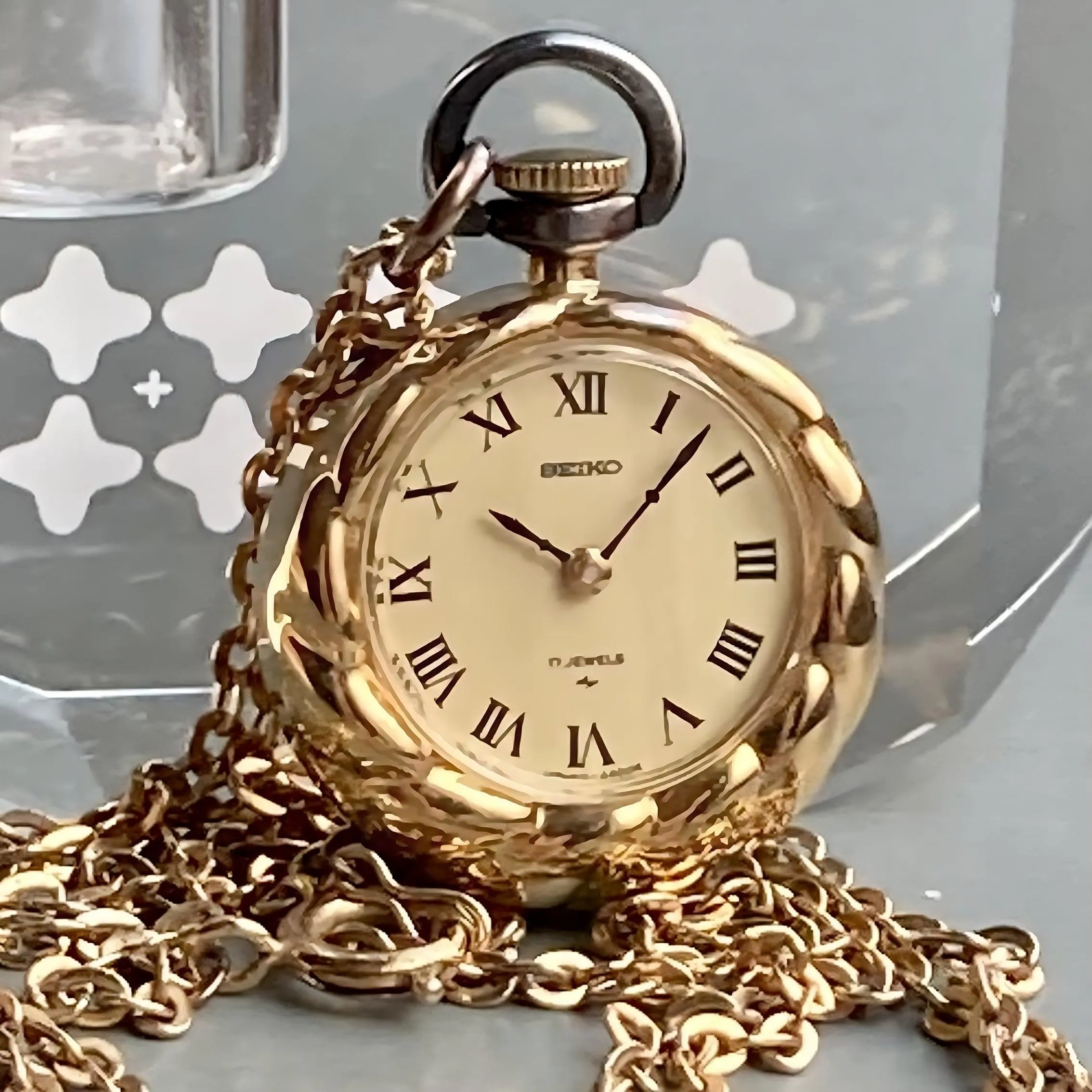 Seiko Pocket Watch Pendant Watch with Chain Case 23mm Vintage Gold