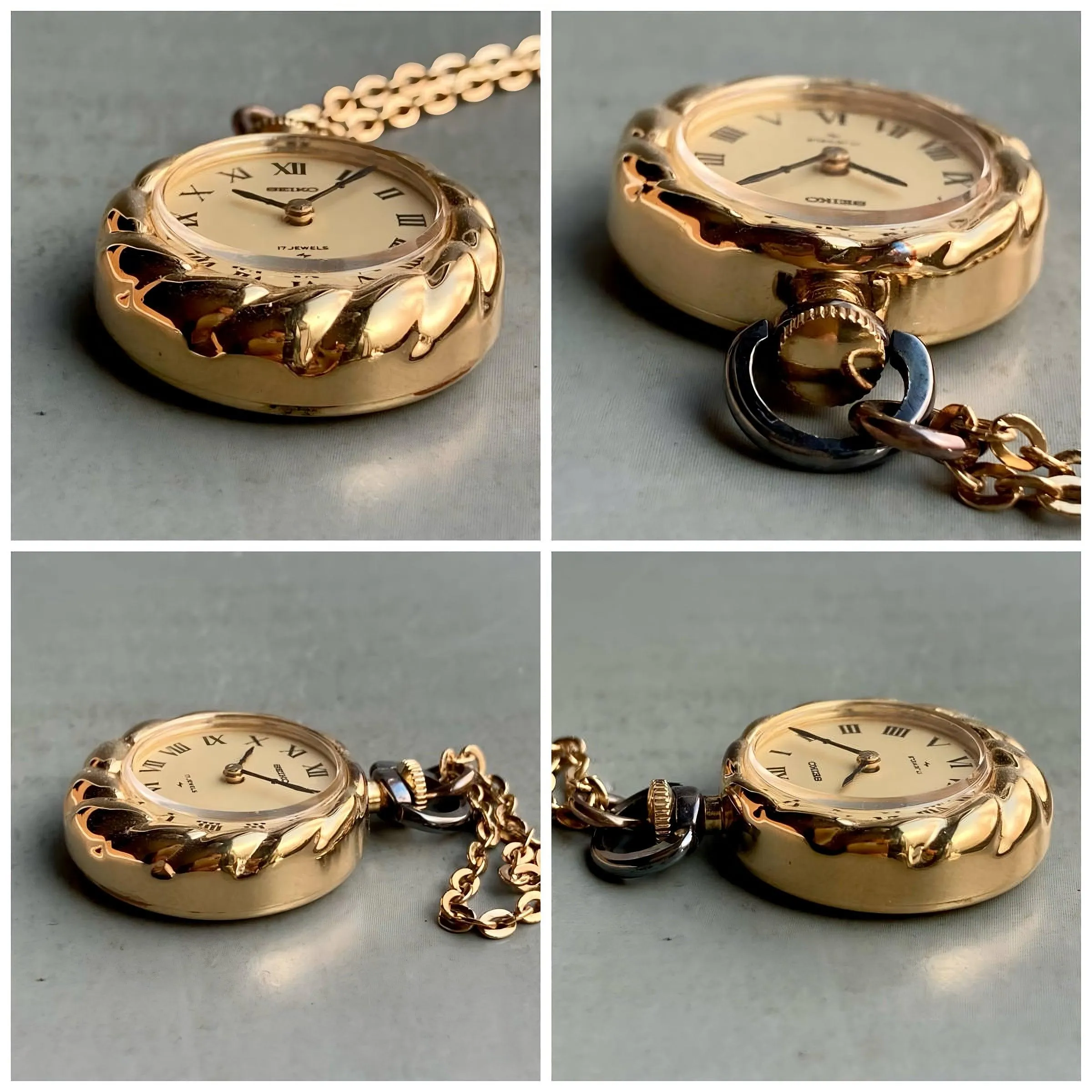 Seiko Pocket Watch Pendant Watch with Chain Case 23mm Vintage Gold