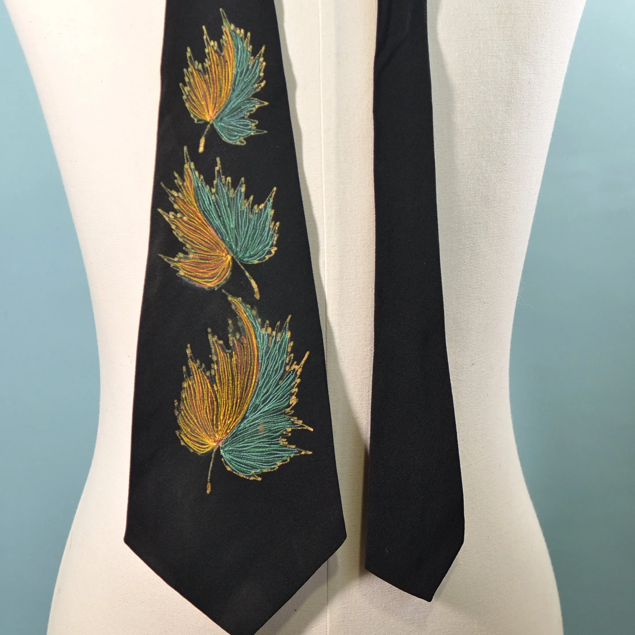 SOLD Vintage 40s/50s Black Hand Painted Necktie, MCM Leaf Design