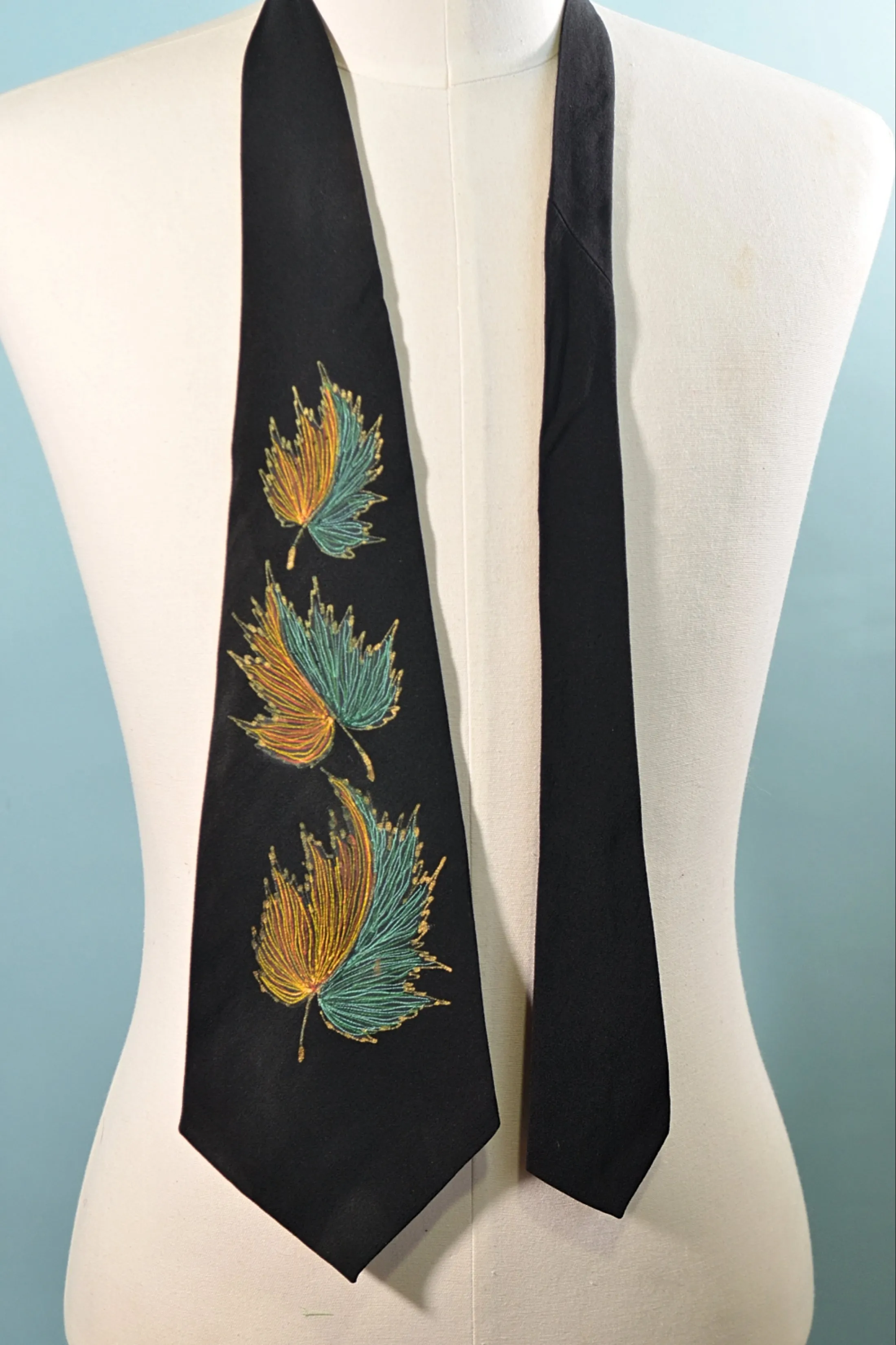 SOLD Vintage 40s/50s Black Hand Painted Necktie, MCM Leaf Design