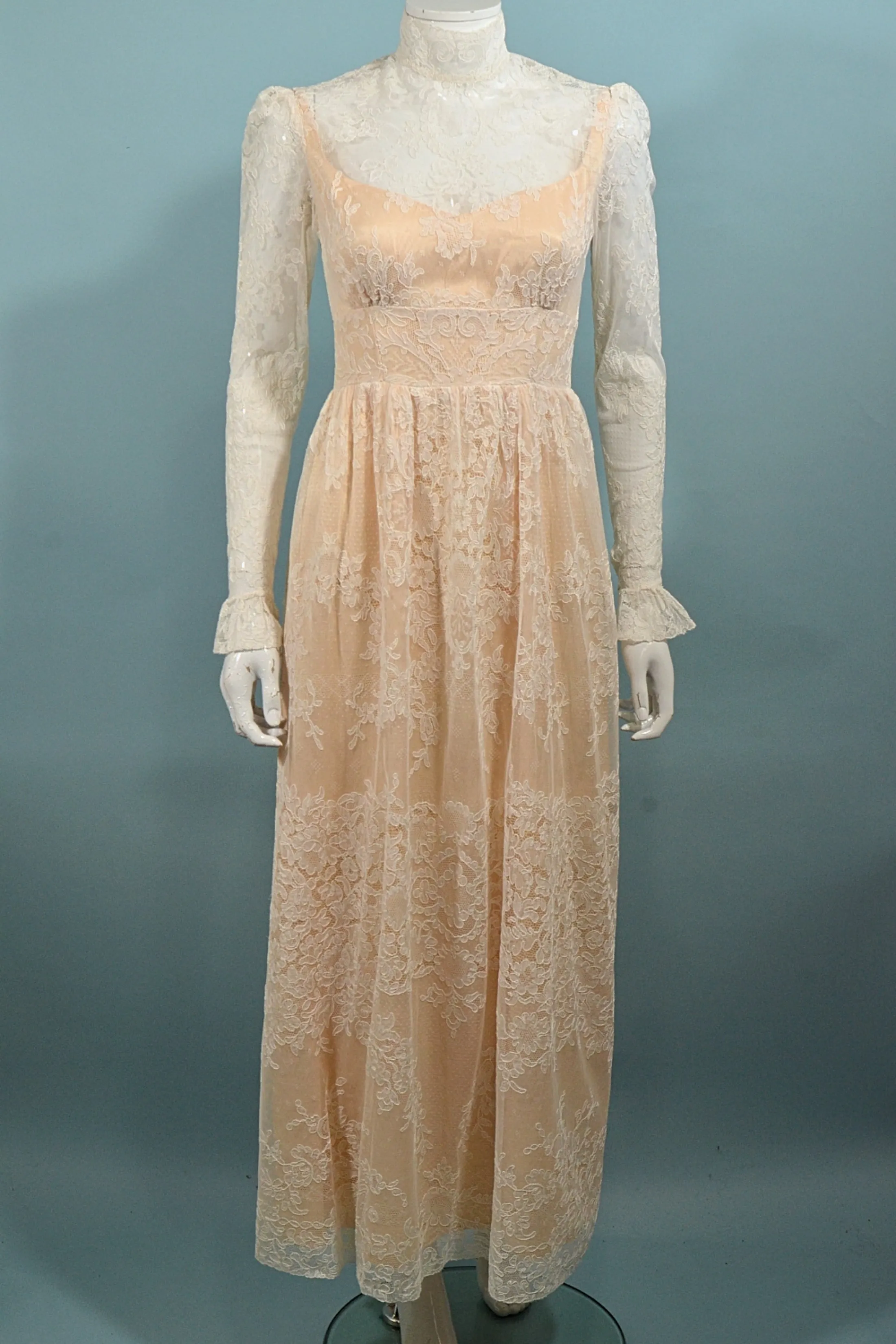 SOLD Vintage 60s Victorian Revival Lace Maxi Dress S