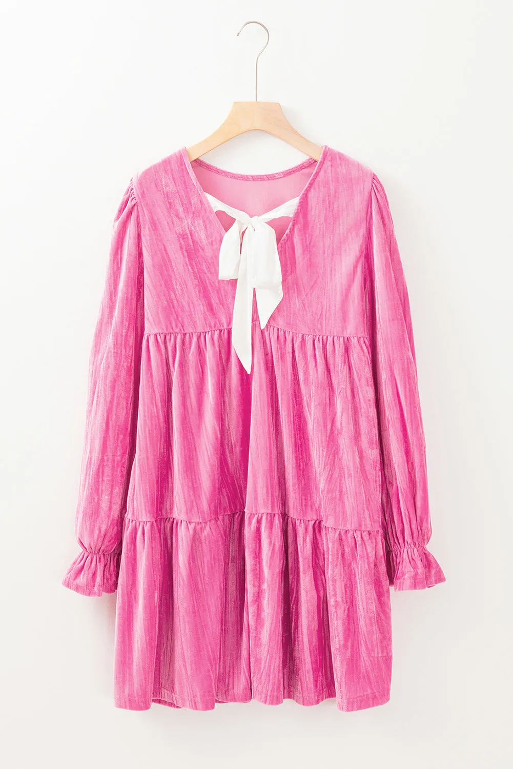 Strawberry Pink Flounce Sleeve Tiered Ruffled Velvet Mini Dress