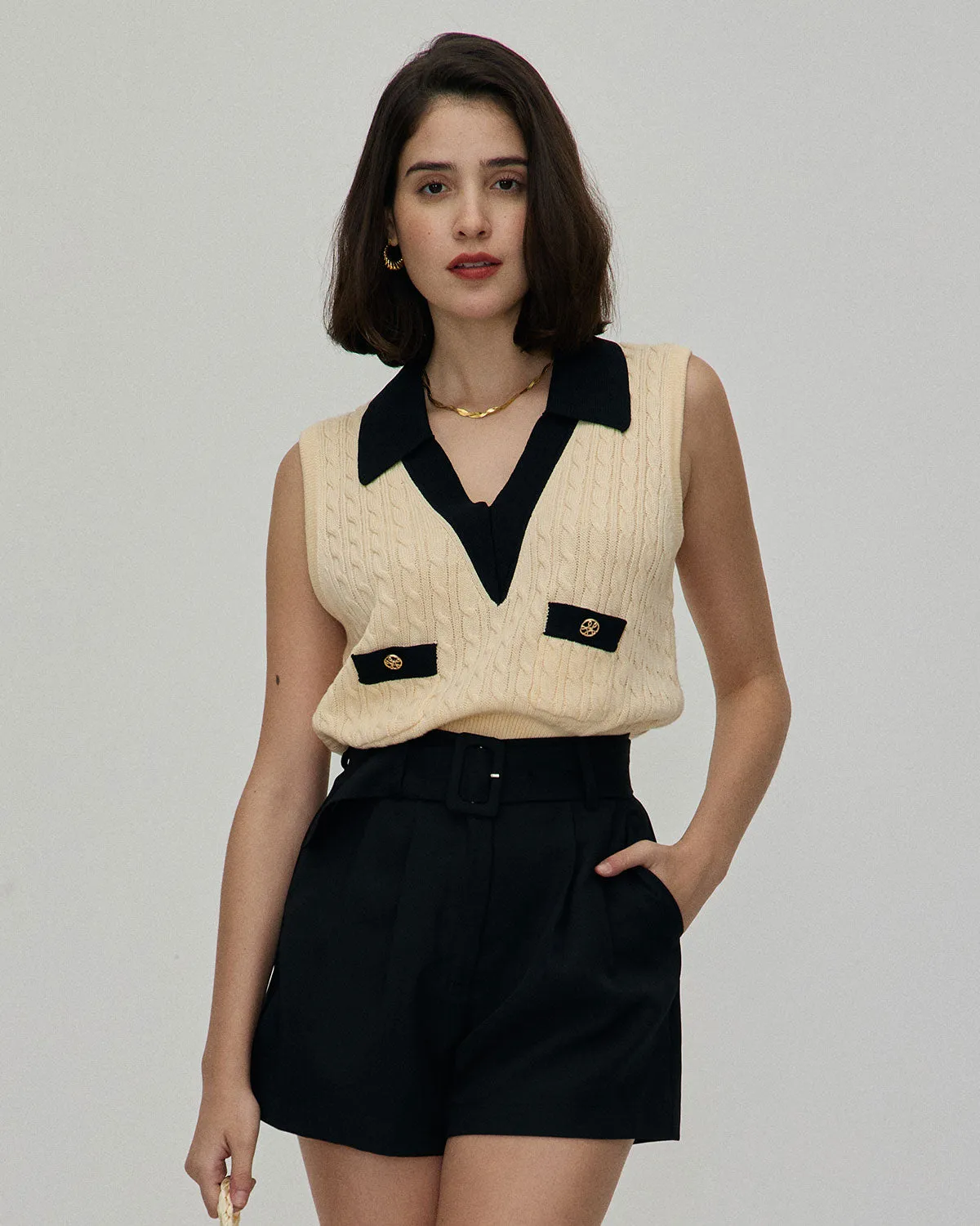 The Black High-waisted Pleated Belted Shorts