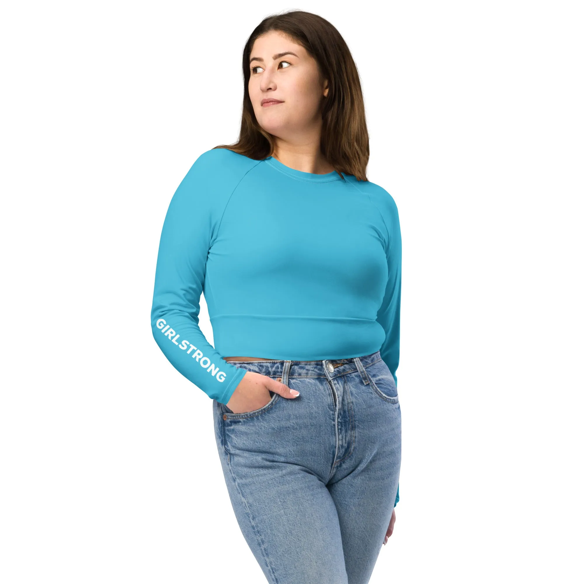 THE ESSENTIAL, SOFT AND STRETCHY, LONG SLEEVE FITTED CROP TOP BRIGHT BLUE