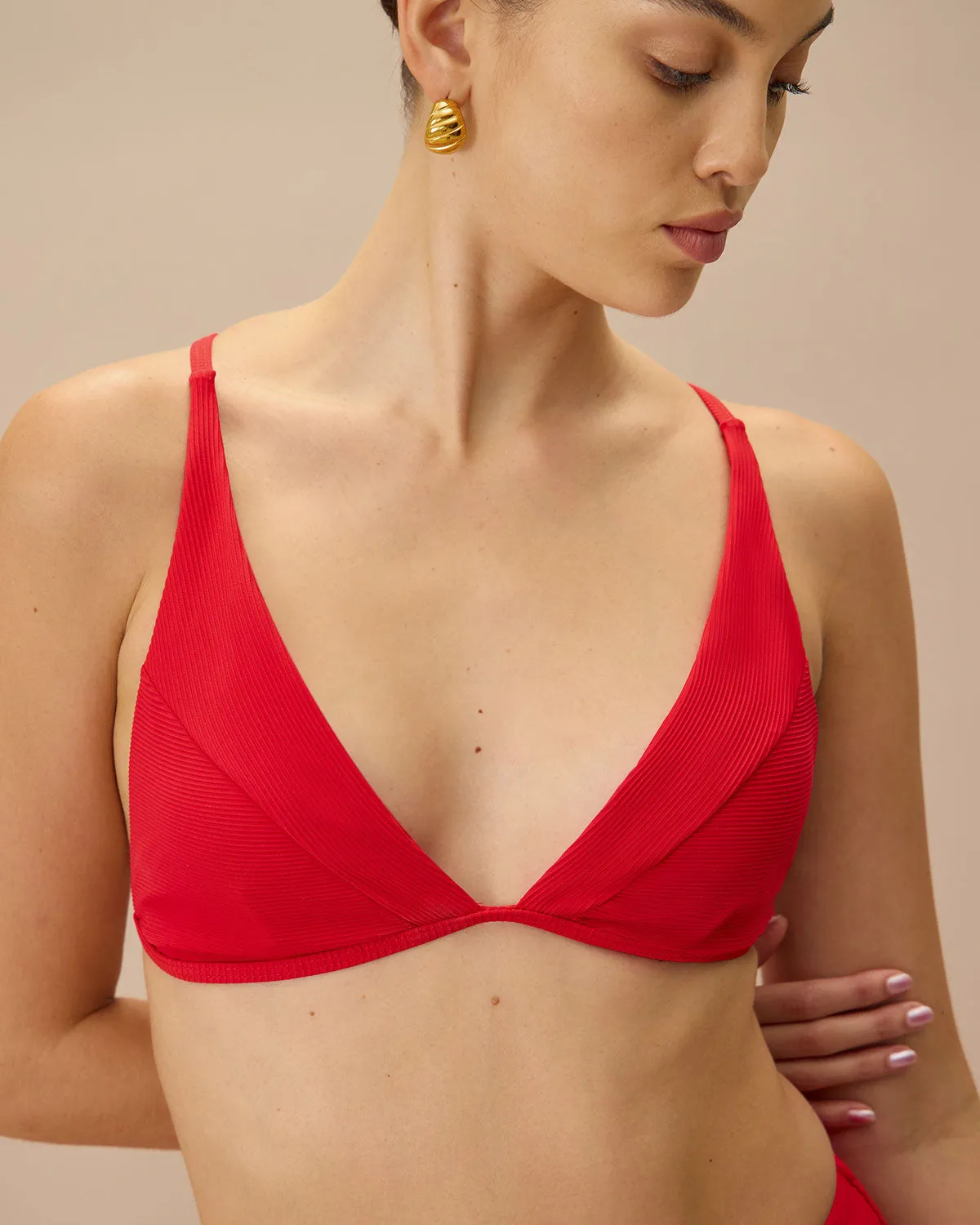 The Red Ribbed Cross Back Bikini Top