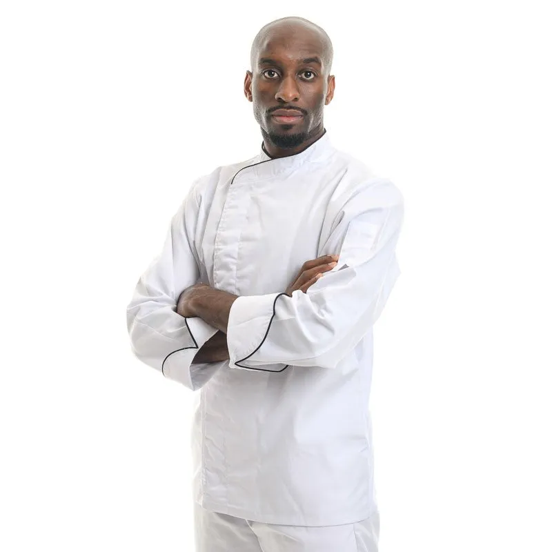 White Short Sleeve or Long Sleeve Kitchen Coat with Black Piping - MANELLI