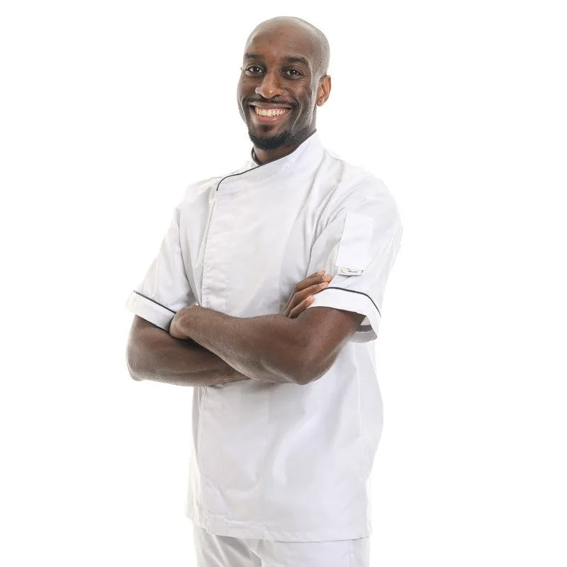 White Short Sleeve or Long Sleeve Kitchen Coat with Black Piping - MANELLI