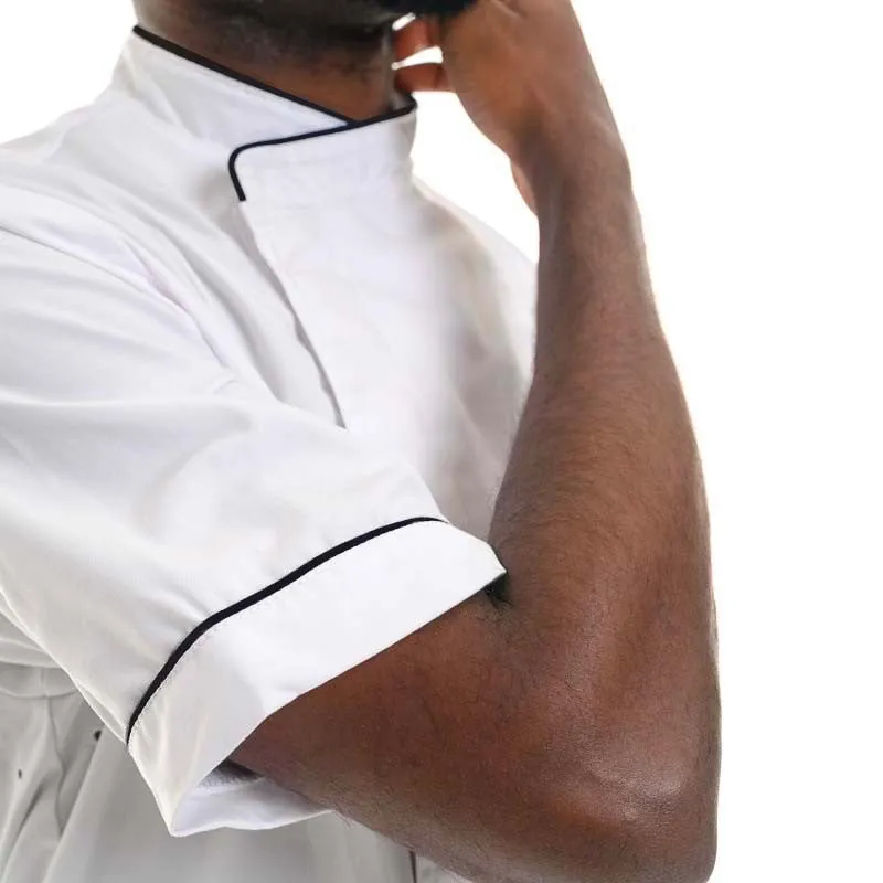 White Short Sleeve or Long Sleeve Kitchen Coat with Black Piping - MANELLI