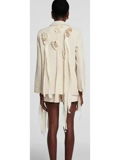 Women’s Buckled Tassel Blazer with Rose Appliques