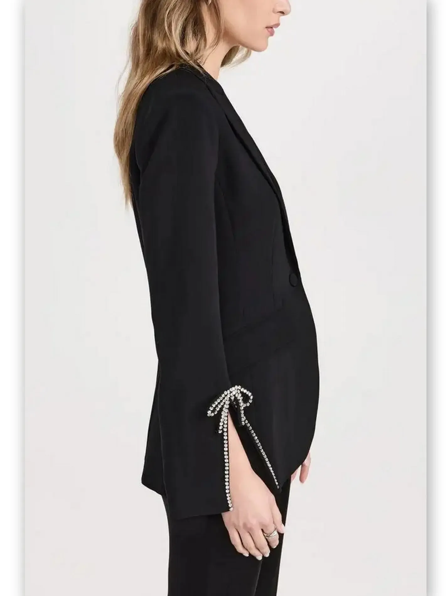 Women’s Crystal Bow Split-Sleeve Single-Breasted Black Blazer