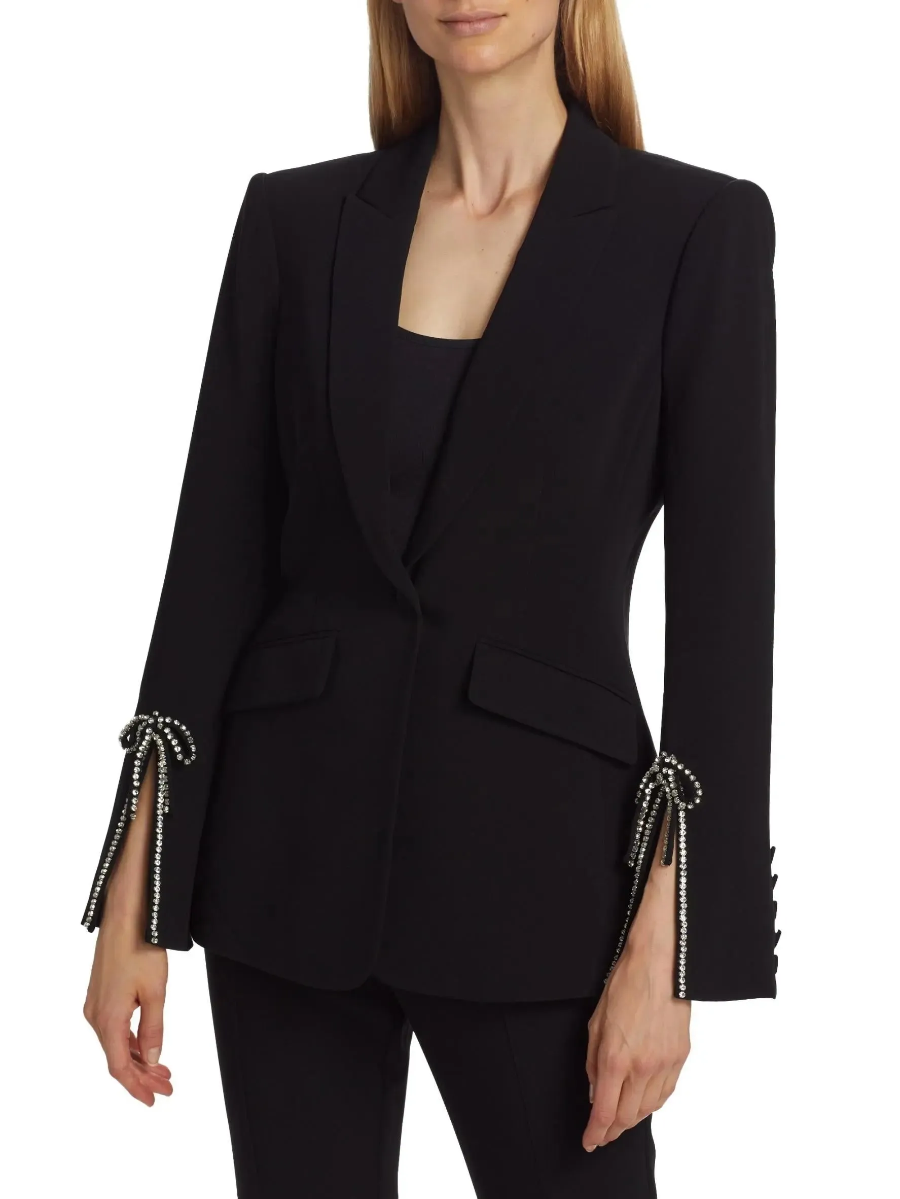 Women’s Crystal Bow Split-Sleeve Single-Breasted Black Blazer