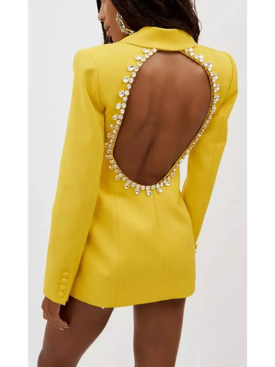 Women’s Crystal Open-Back Yellow Blazer/Dress