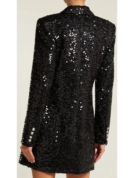 Women’s Double-Breasted Long Sequin Blazer in Black