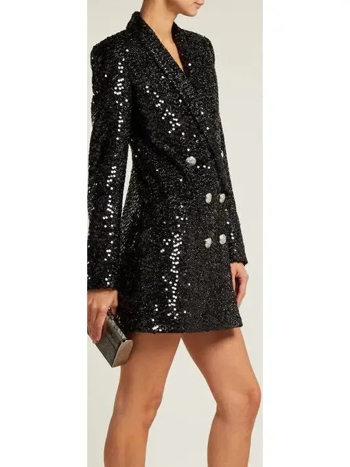 Women’s Double-Breasted Long Sequin Blazer in Black