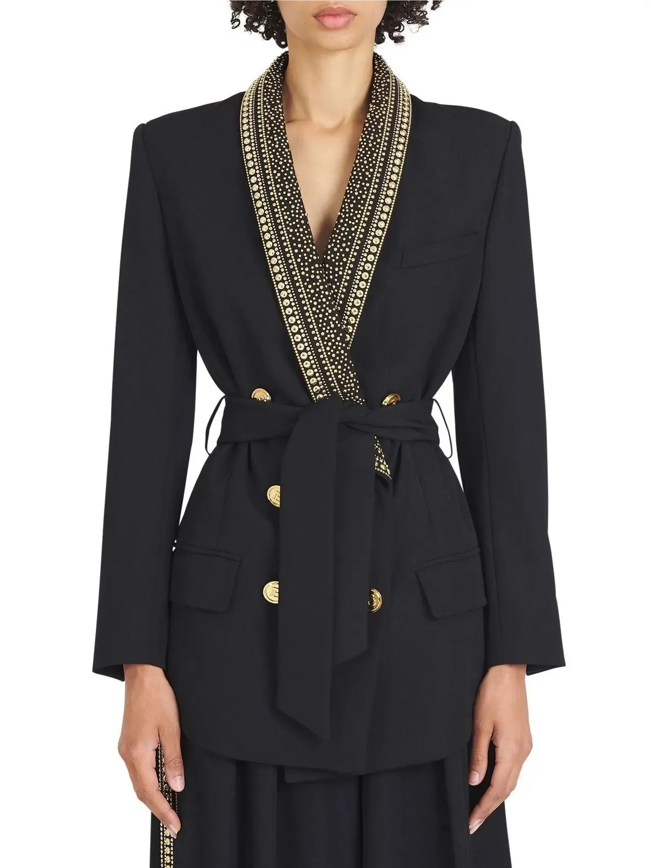 Women’s Double-Breasted Stud-Embellished Belted Jacket