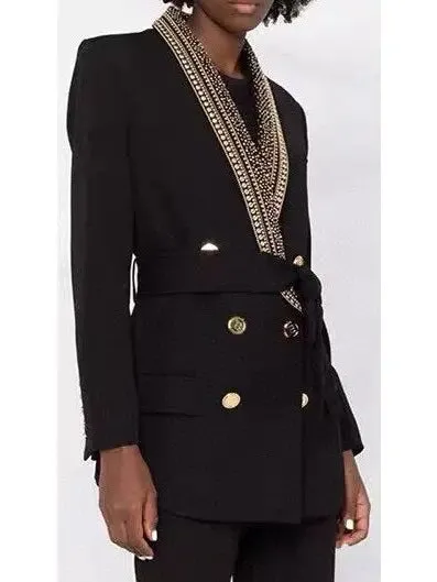 Women’s Double-Breasted Stud-Embellished Belted Jacket