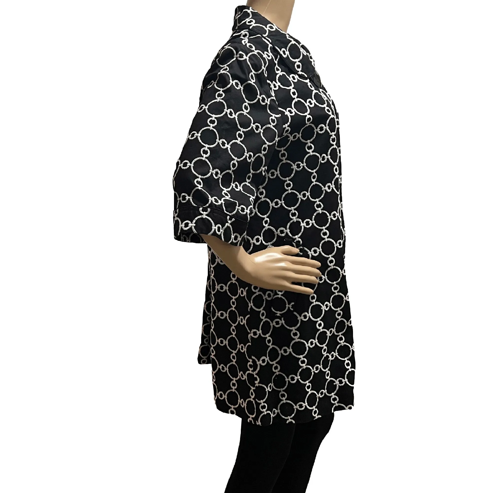 Women's Luii Black and White Embroidered Geometric Swing Jacket - Large