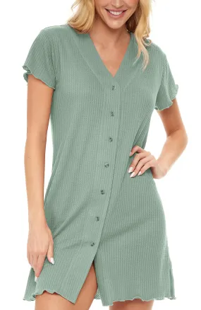 Women's Short Sleeve Knit Nightshirt, Button Up V-neck Sleepshirt, Pajama Top