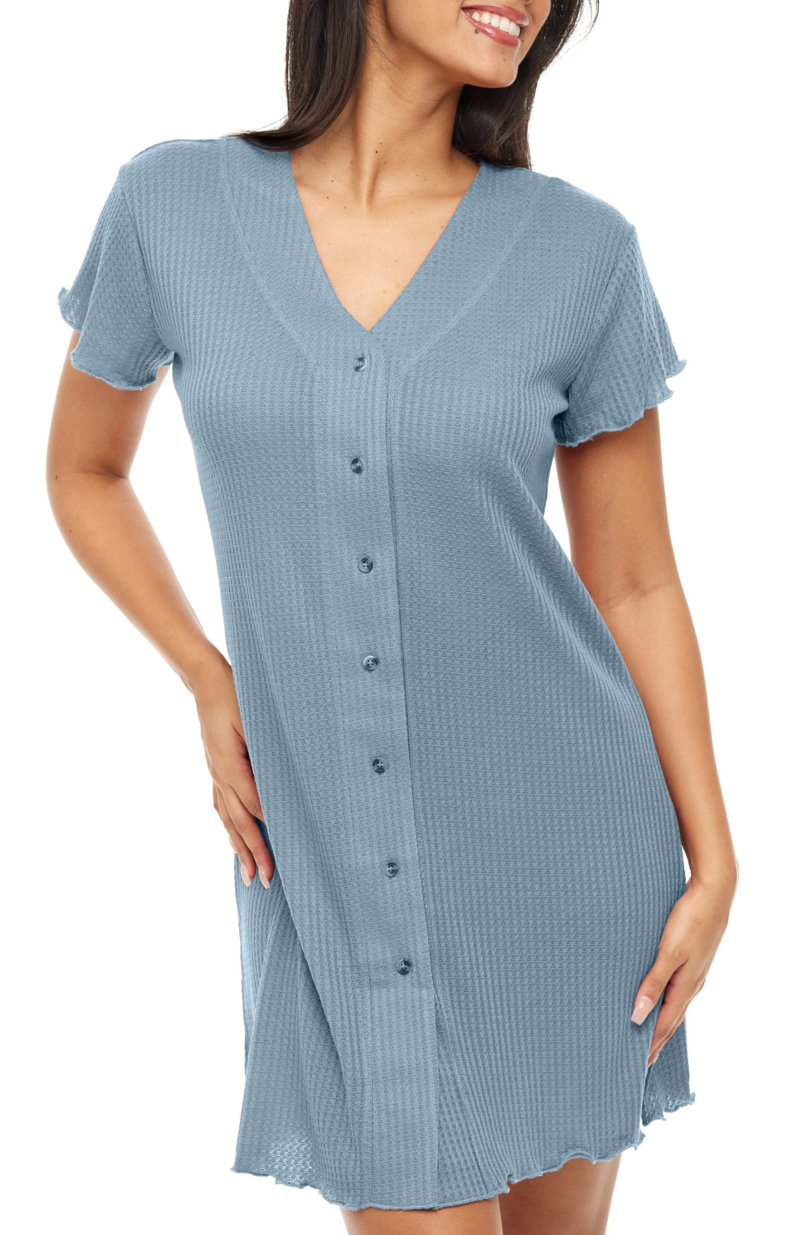 Women's Short Sleeve Knit Nightshirt, Button Up V-neck Sleepshirt, Pajama Top