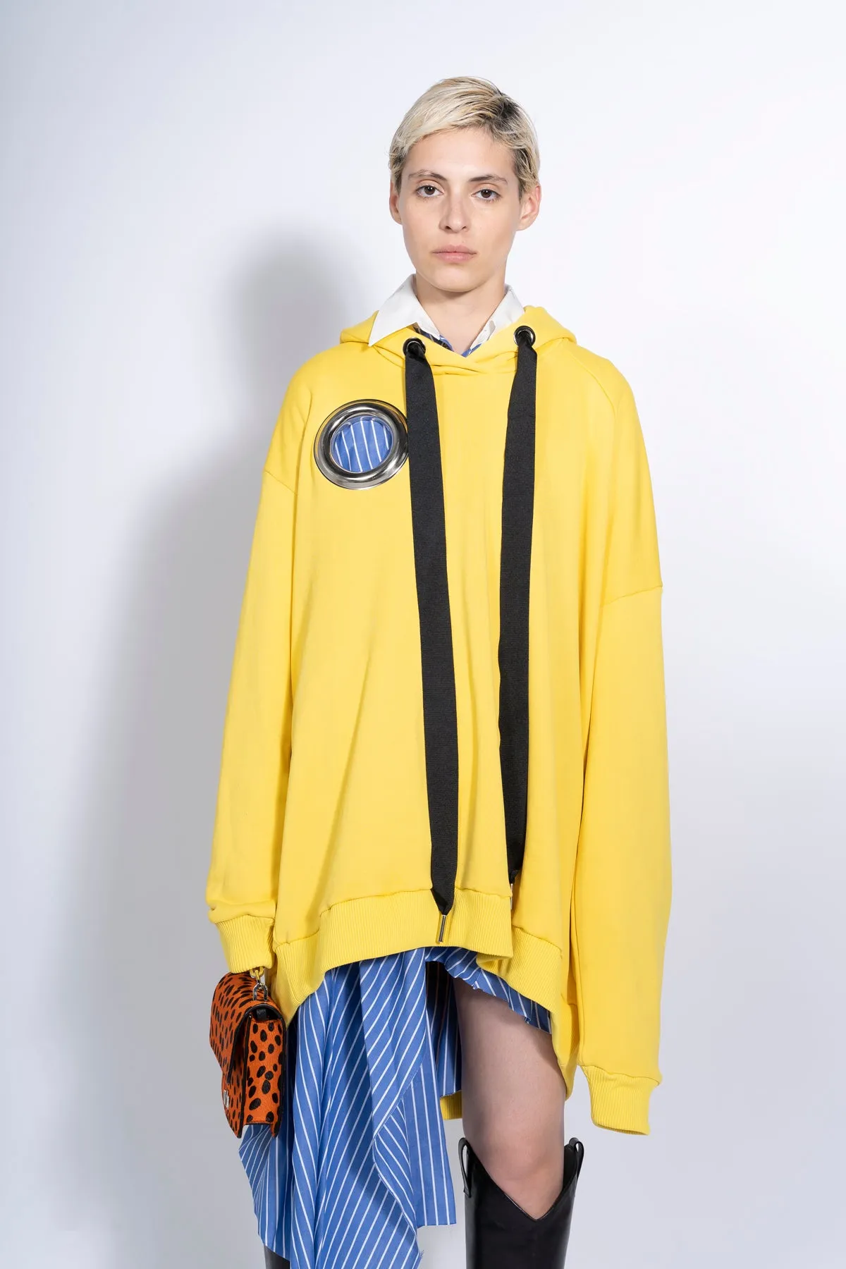 YELLOW ASYMMETRIC HOODIE WITH BIG EYELET