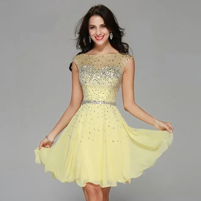 Yellow Chiffon Beaded Crystal Cocktail / Homecoming Dresses