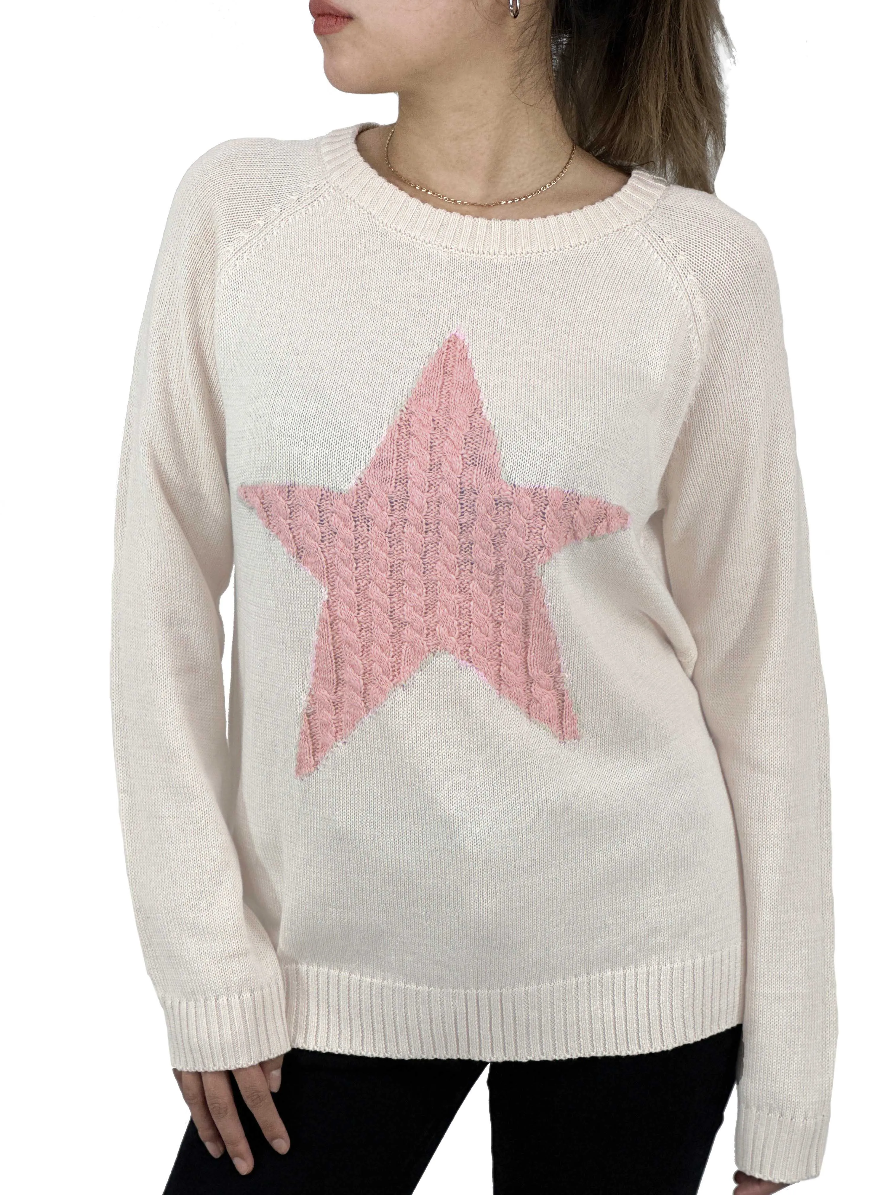 YEMAK Women's Pullover Sweater Long Sleeve Crewneck Cute Star Cable Knit MK3506 STAR (S-L)