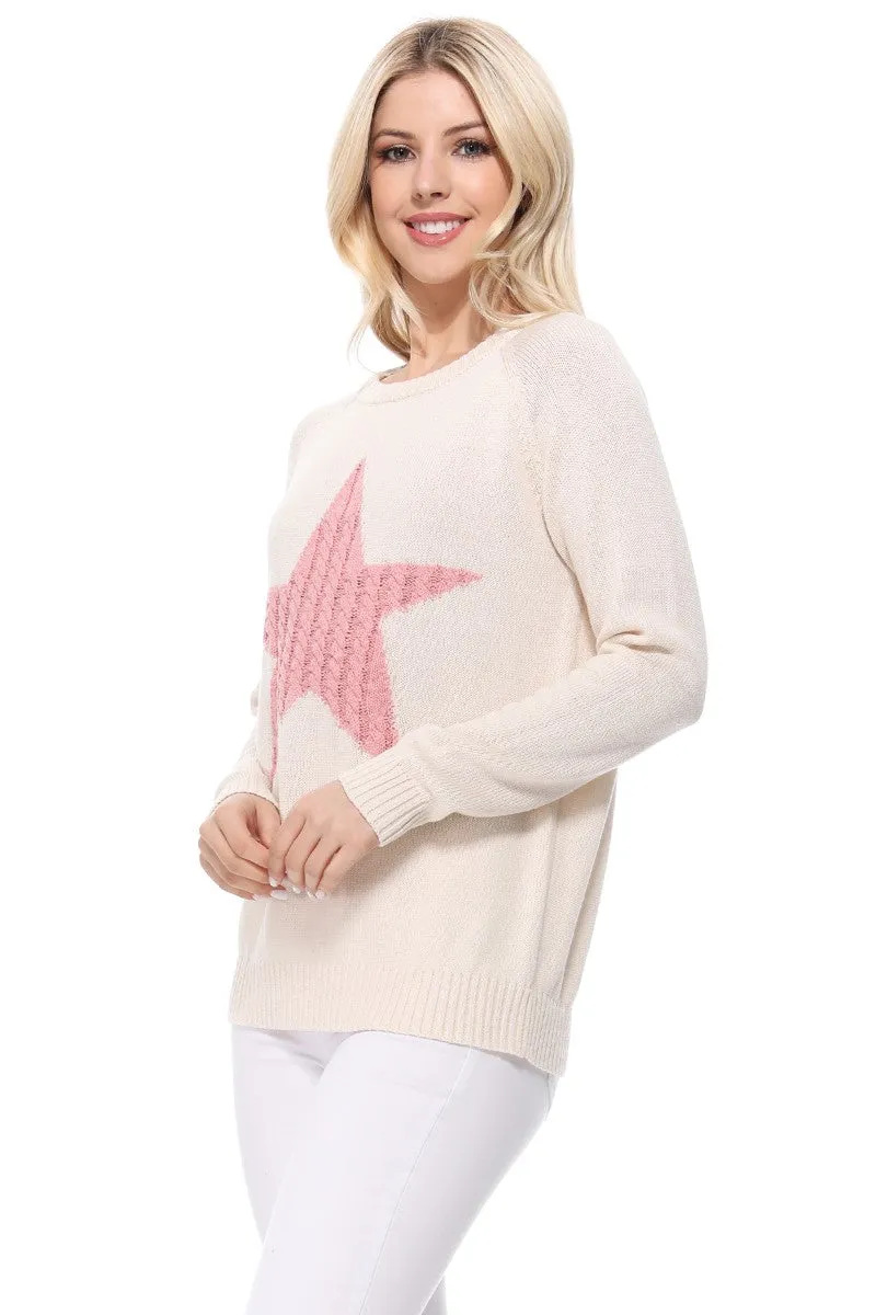 YEMAK Women's Pullover Sweater Long Sleeve Crewneck Cute Star Cable Knit MK3506 STAR (S-L)